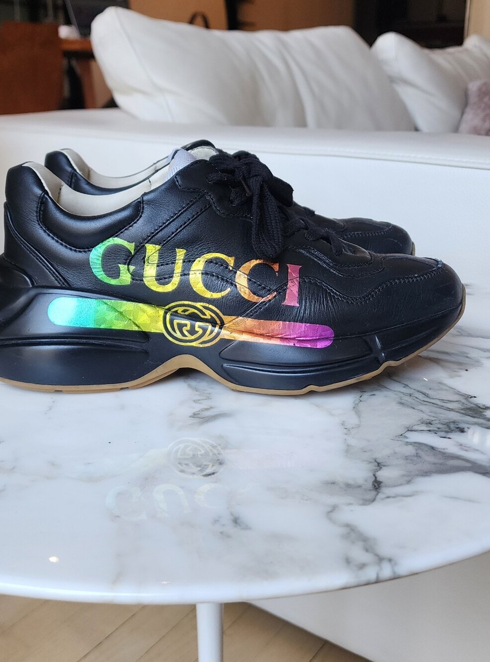 Gucci Rhyton Women's Black Leather Sneakers with Rainbow Logo Graphic Size 7.5 - Picture 5 of 13